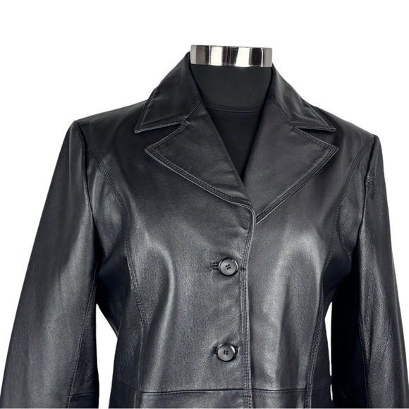 VINTAGE 90S NEW YORK & CO BLACK LEATHER NOTCHED COLLAR BUTTON DOWN BLAZER JACKET - Picture 9 of 13